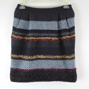 Tory Burch Tinsel Navy Gold Silver Metallic Pencil Straight Knit Mini Skirt XS